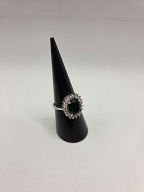 1722. Sterling Silver Halo Cocktail Ring with Deep Green Center